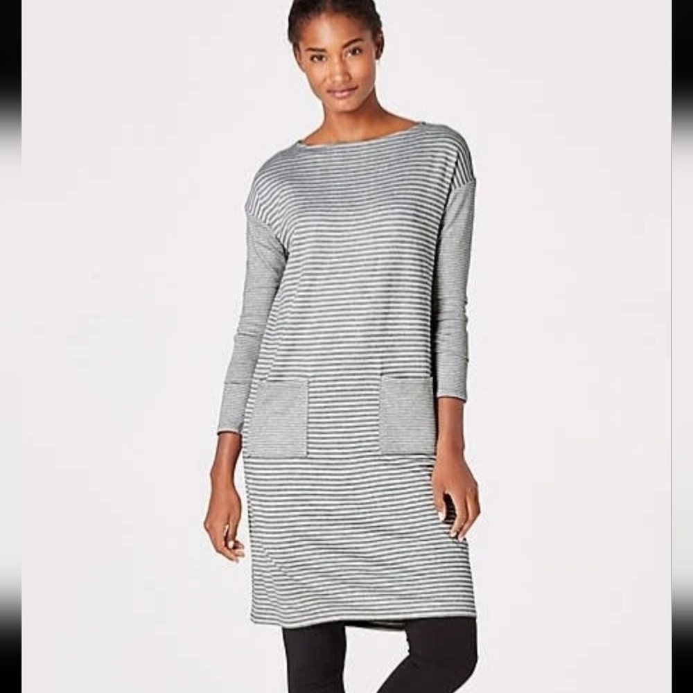 J. Jill Gray and White Striped Long Sleeve Pocket Tunic Dress 1X